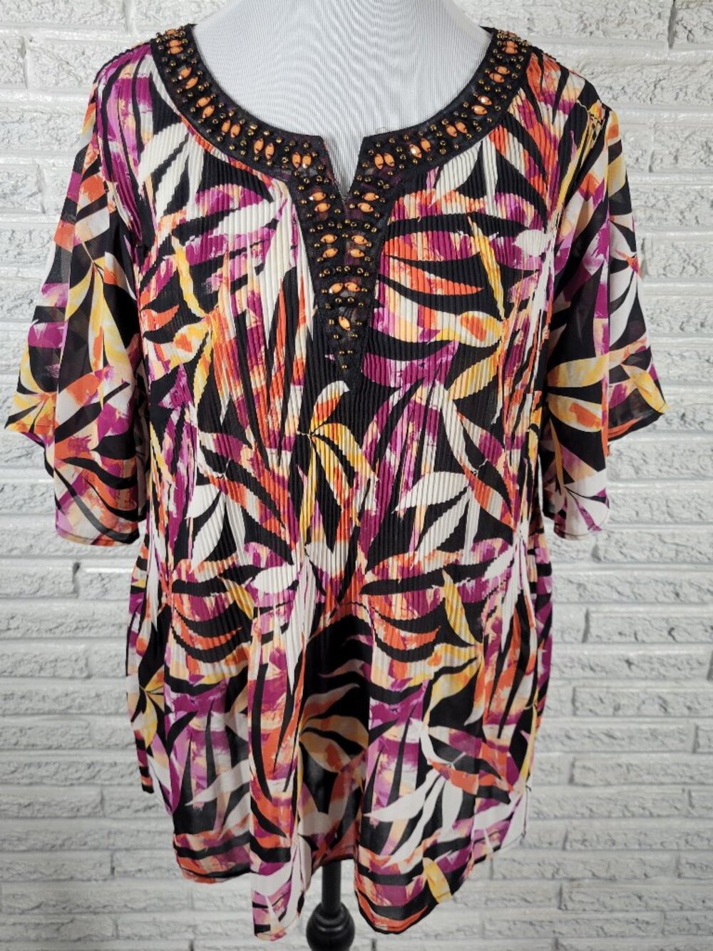 Catherines Blouse 1XWP Plus Petite Purple Orange Floral Crinkle Sheer FLO267E